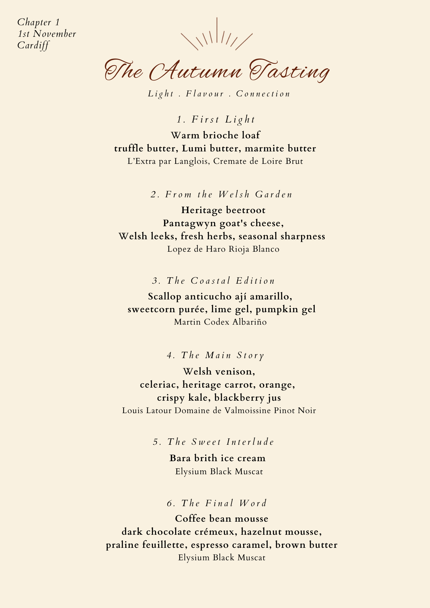 The Autumn Tasting — Lumi's six-course sample menu for Chapter 1, 1st November, Cardiff, with wine pairings for each course