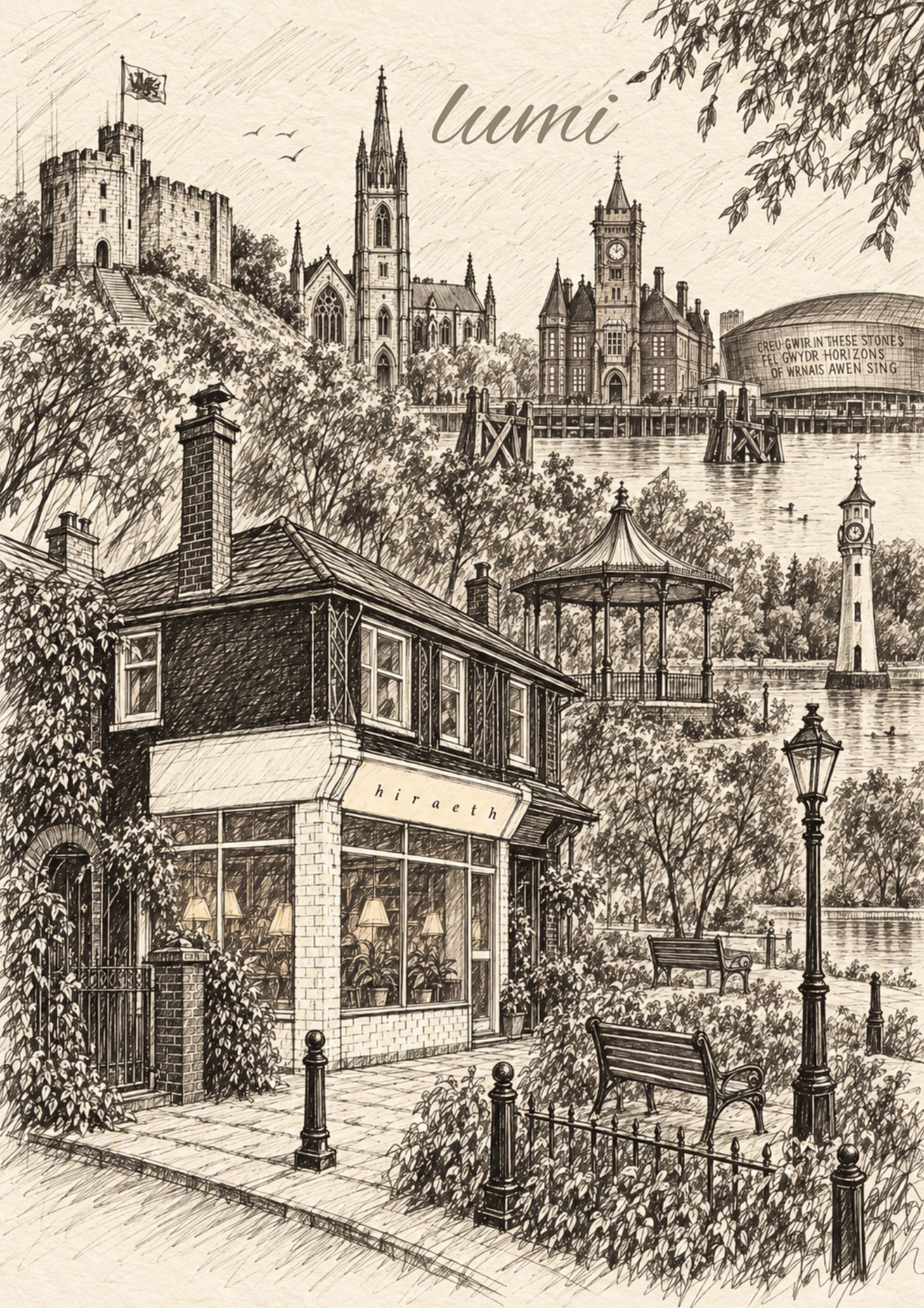 Pen-and-ink illustration of Cardiff — the castle, clock tower and bandstand by the water, with the Lumi wordmark in the sky